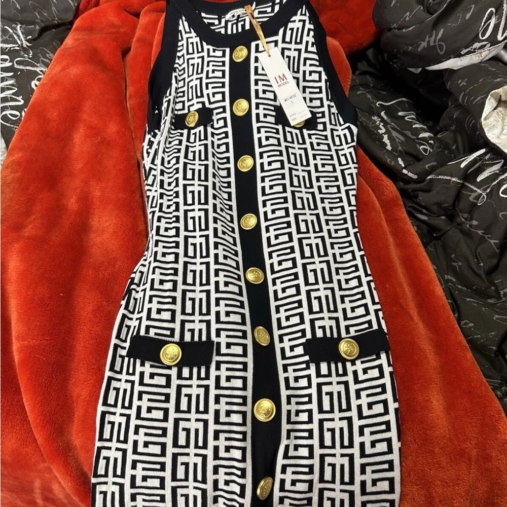 Black and White Geometric Dress with Gold Buttons